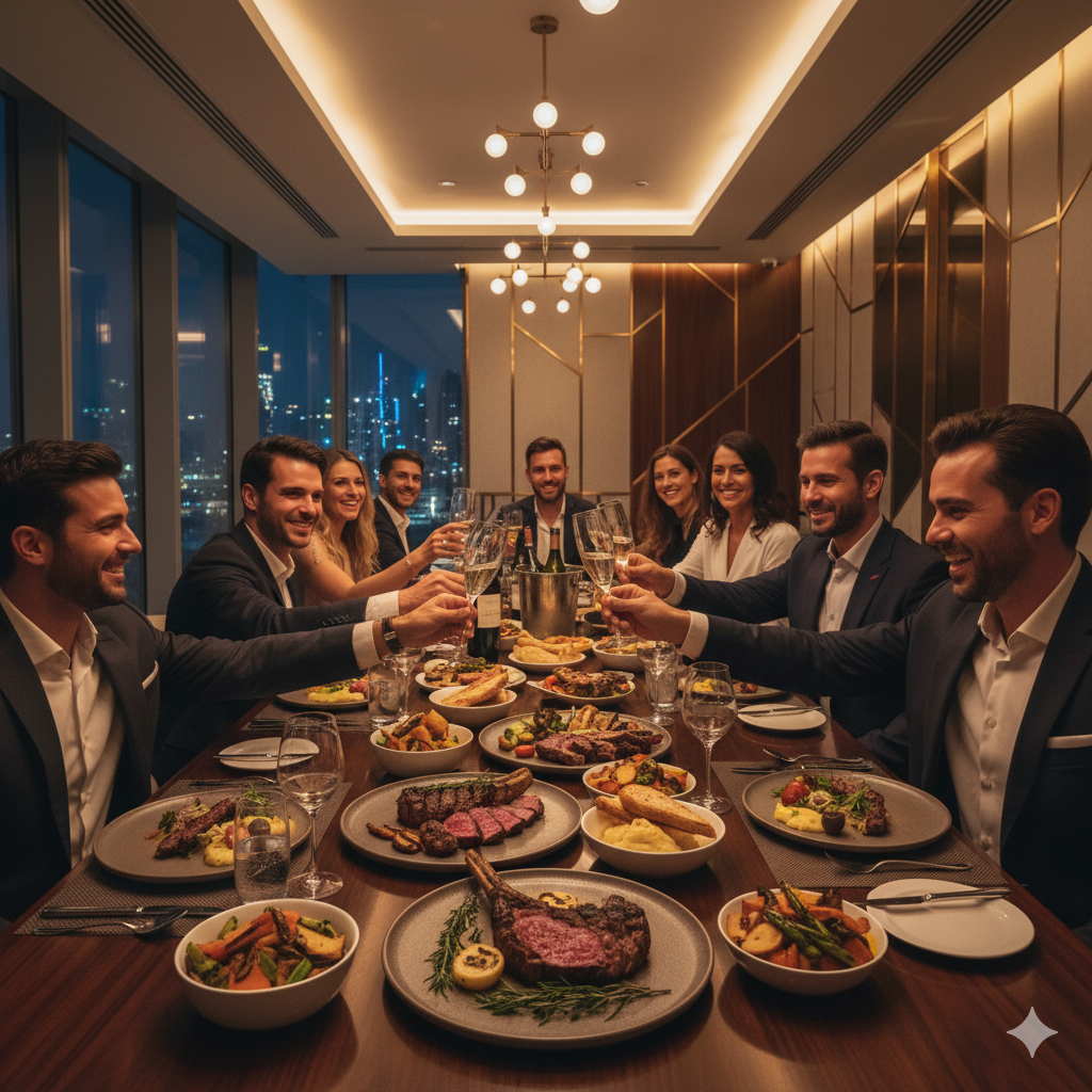 Bachelor party dinner at a luxury Dubai restaurant, table with premium steaks, wine glasses, friends clinking glasses, modern elegant interior, warm lighting, photorealistic, ultra-detailed