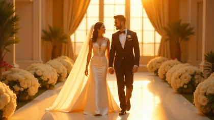 A luxurious Dubai wedding scene showing a bride and groom walking hand-in-hand under golden sunlight, with a modern venue in the background, elegant floral décor, soft warm lighting, cinematic style, high-resolution, romantic atmosphere