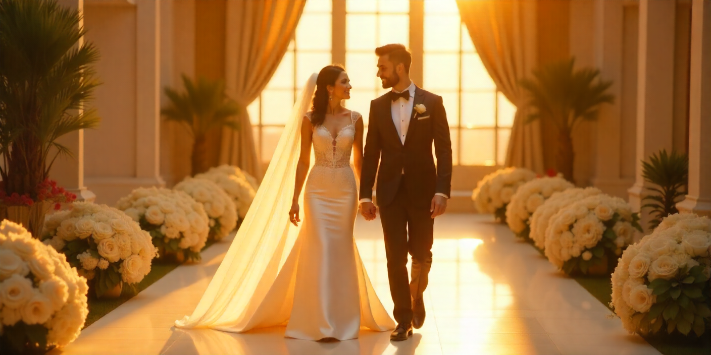 A luxurious Dubai wedding scene showing a bride and groom walking hand-in-hand under golden sunlight, with a modern venue in the background, elegant floral décor, soft warm lighting, cinematic style, high-resolution, romantic atmosphere