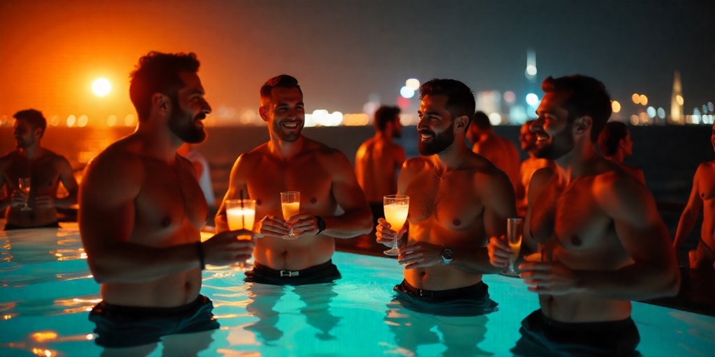 Stylish rooftop party at FIVE Palm Jumeirah Dubai, with men celebrating by the pool, cocktails, ambient lighting, Dubai skyline in the background, luxury atmosphere, high-detail, photorealistic