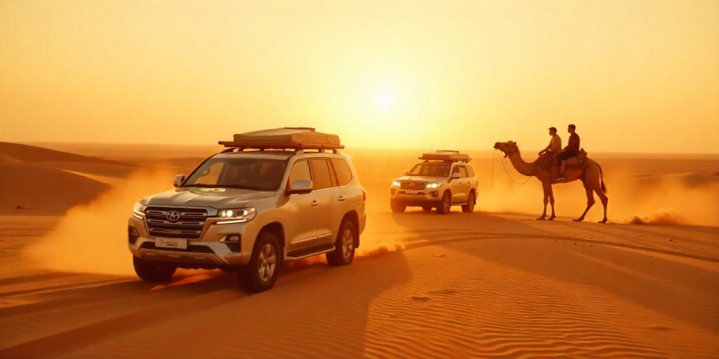 Bachelor party in Dubai desert safari, luxury SUVs dune-bashing, quad biking, camel rides, golden sunset, friends celebrating, traditional Arabian lanterns and BBQ setup, cinematic and vibrant, photorealistic