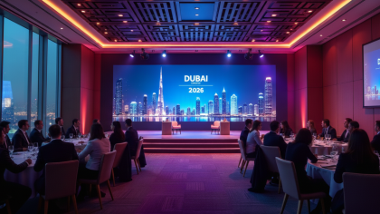 Luxurious Dubai corporate event with professional attendees networking, branded stage backdrop, and city skyline, representing Dubai Corporate Event Planning.