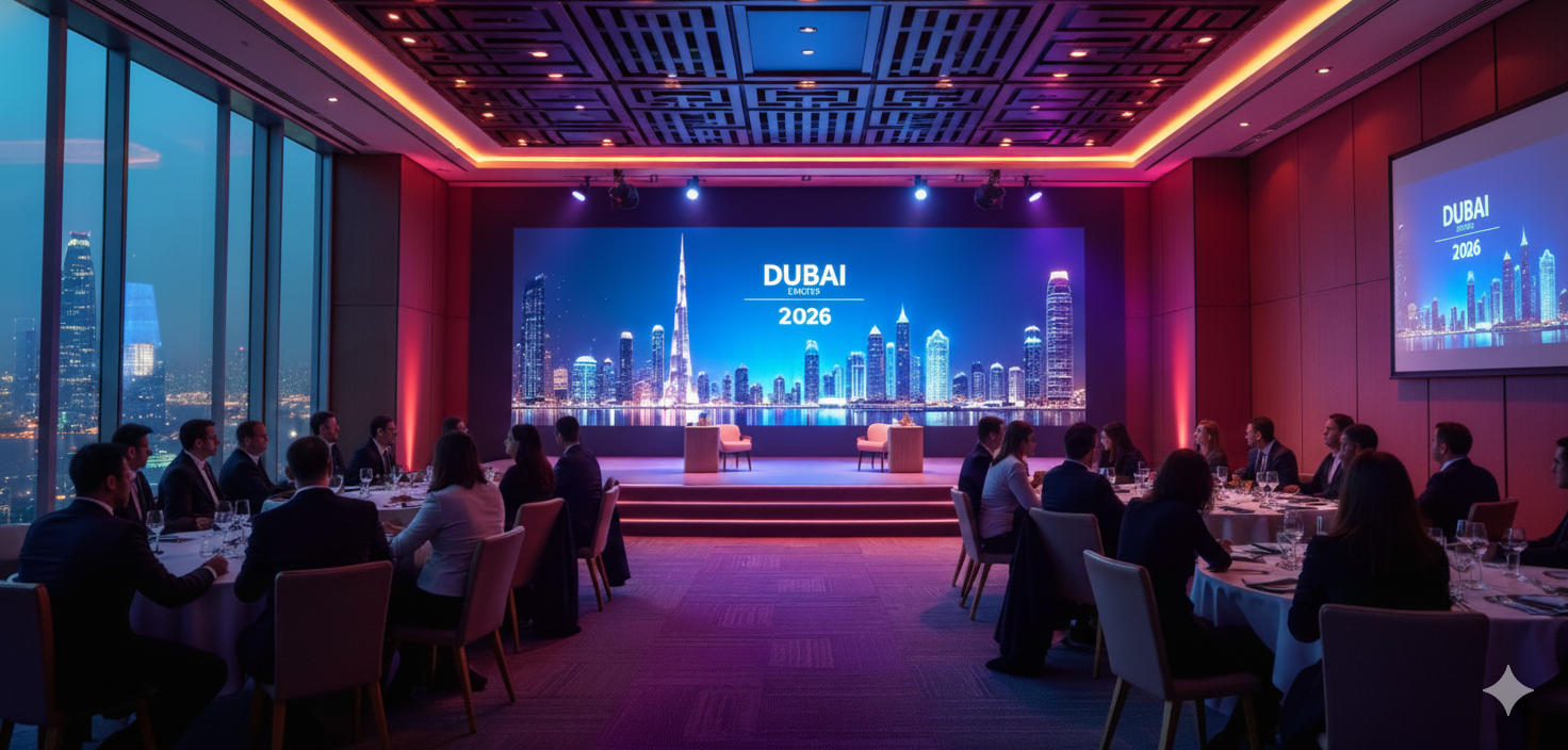 Luxurious Dubai corporate event with professional attendees networking, branded stage backdrop, and city skyline, representing Dubai Corporate Event Planning.