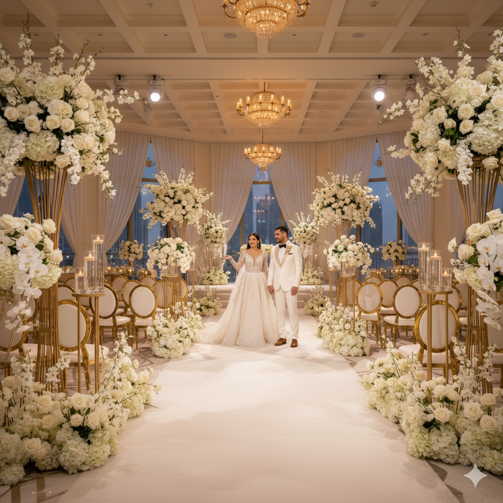 A sophisticated wedding setup curated by a professional planner — white and gold theme, luxurious floral arrangements, elegant seating, and a planner guiding the couple in a high-end Dubai venue.