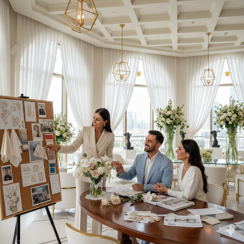 A professional wedding planner (stylish, confident) presenting a mood board and floral samples to a happy couple in a luxury Dubai venue. Background includes chic décor and soft lighting, showing organization and creativity.