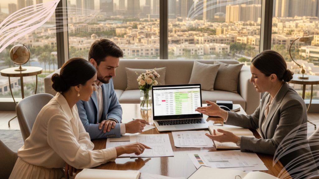 Bride and groom reviewing wedding plans and documents with a Dubai cityscape in the background, illustrating challenges of destination weddings in Dubai.