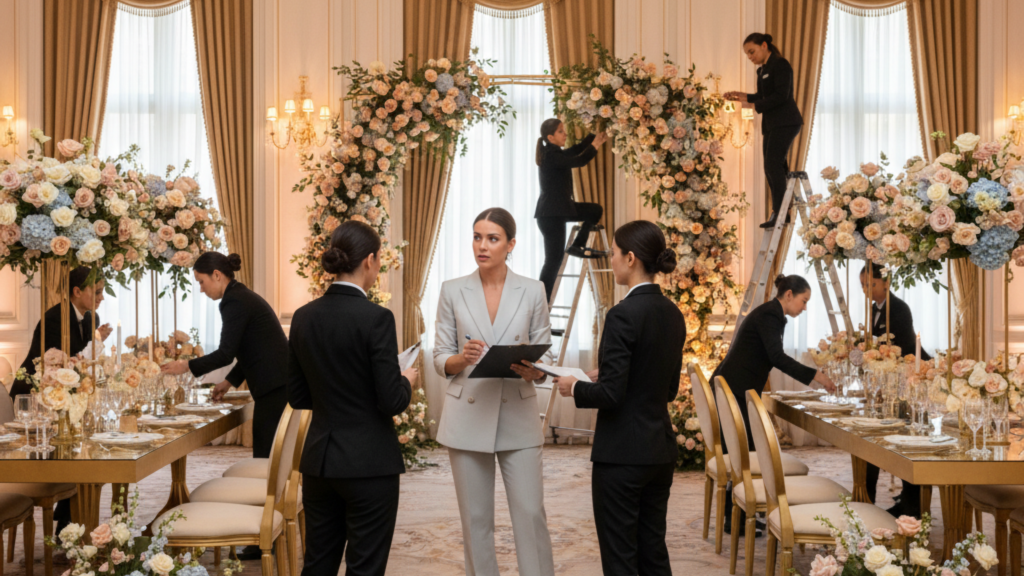 Professional wedding planner coordinating floral setup and décor in a grand Dubai ballroom, highlighting the role of planners in destination weddings in Dubai.