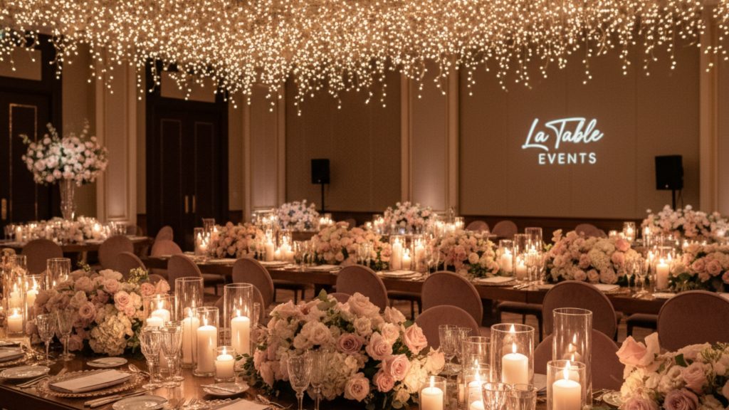 La Table Events elegant wedding setup in Dubai with candlelit tables and blush flowers, representing professional destination wedding planning in Dubai