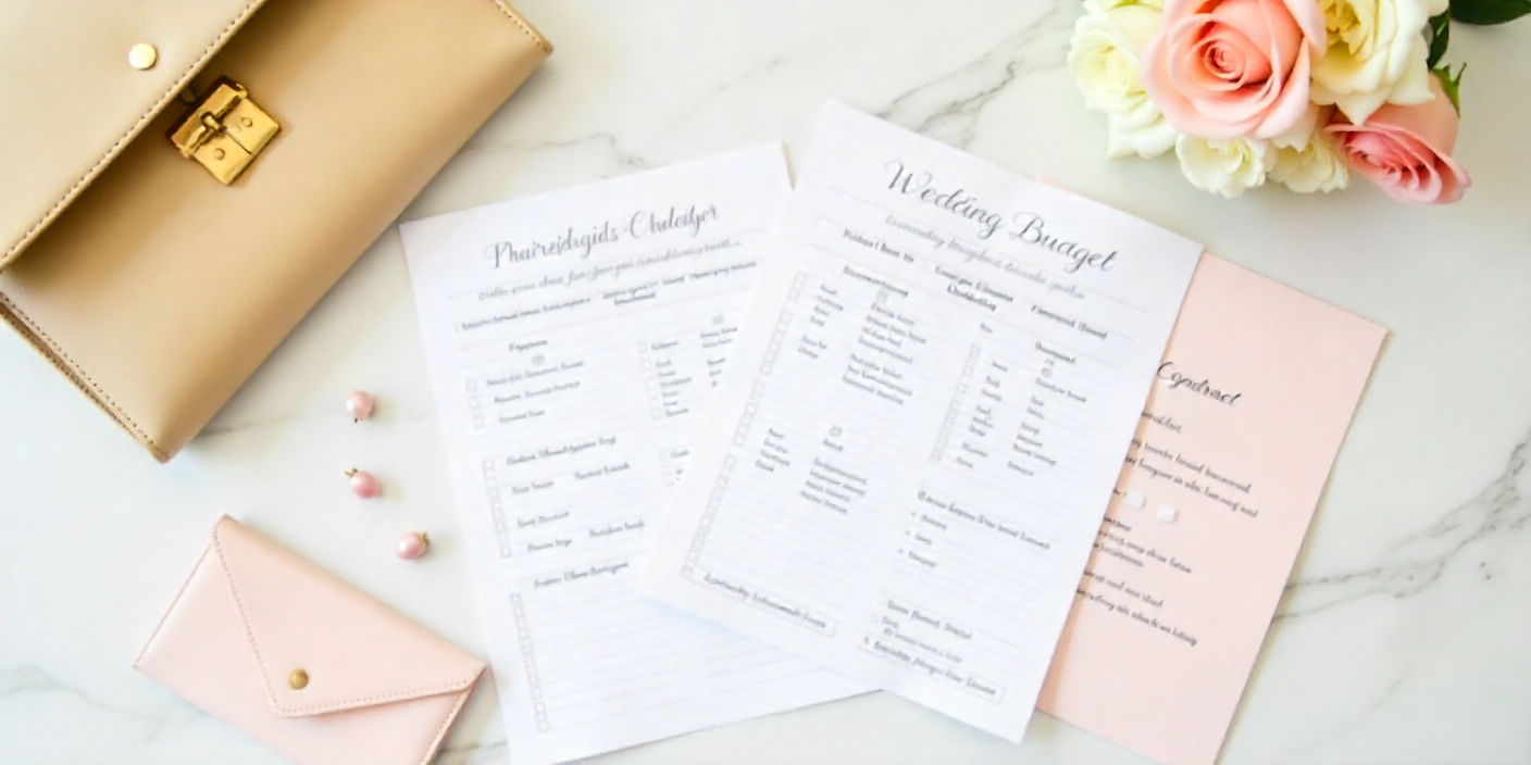 A beautifully styled flat lay showing a wedding budget planner, calculator, contracts, and elegant wedding stationery on a marble table, with soft beige and blush tones representing the financial planning side of Dubai weddings.