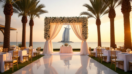 Destination weddings in Dubai with a sunset outdoor setup, floral archway, elegant tables, and Burj Al Arab in the background