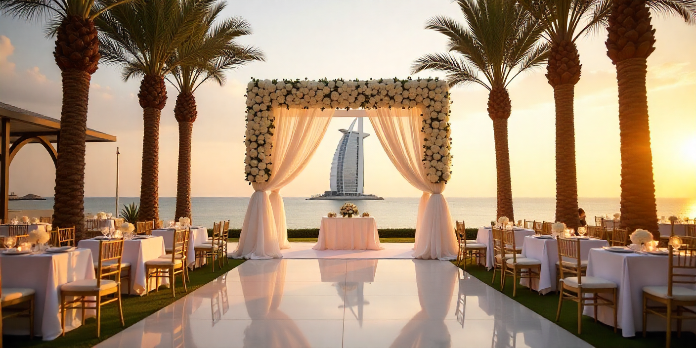 Destination weddings in Dubai with a sunset outdoor setup, floral archway, elegant tables, and Burj Al Arab in the background