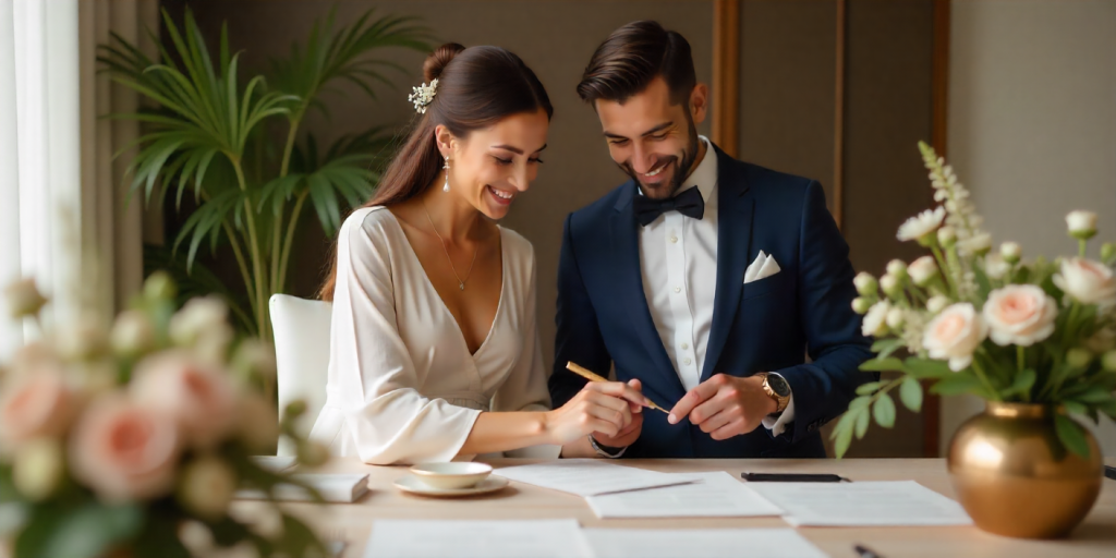 A bride and groom designing their own wedding décor together — arranging flowers, creating handmade invitations, and setting up small décor pieces in a cozy, elegant home setting inspired by Dubai luxury.