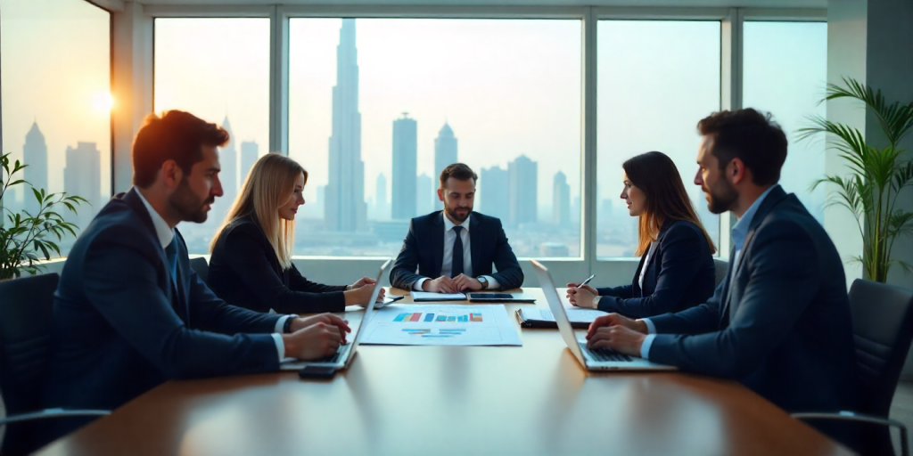 Corporate team in Dubai discussing event objectives around a conference table, planning strategy, showcasing Dubai Corporate Event Planning process.