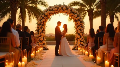 Elegant Dubai wedding setup at sunset representing storytelling in weddings.