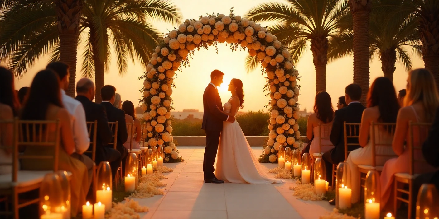 Elegant Dubai wedding setup at sunset representing storytelling in weddings.