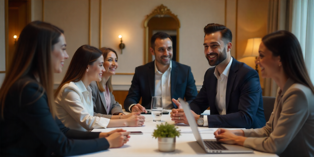 Business professionals exchanging feedback after a corporate event in Dubai, reviewing documents and laptops, part of Dubai Corporate Event Planning follow-up strategy.