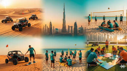 Team-building activities in Dubai featuring desert dunes, beach games, and city skyline elements.