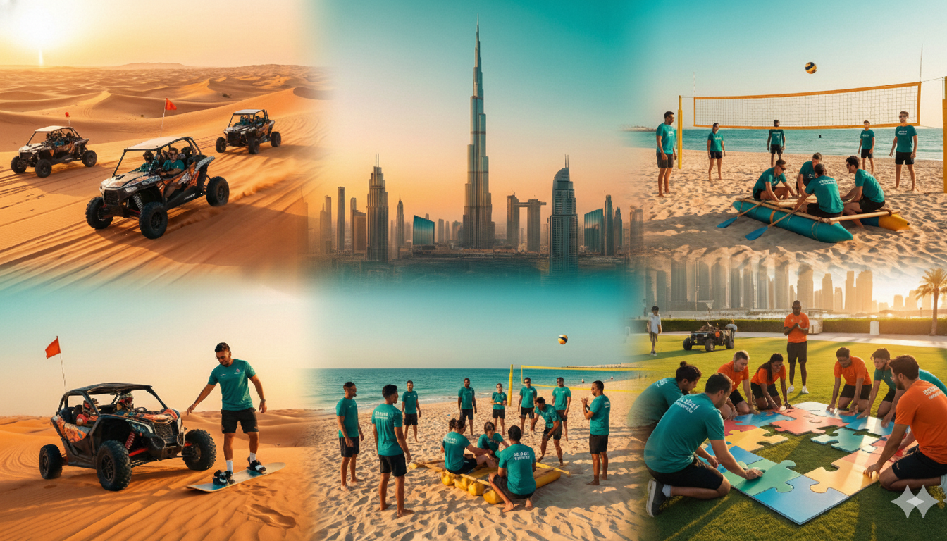 Team-building activities in Dubai featuring desert dunes, beach games, and city skyline elements.