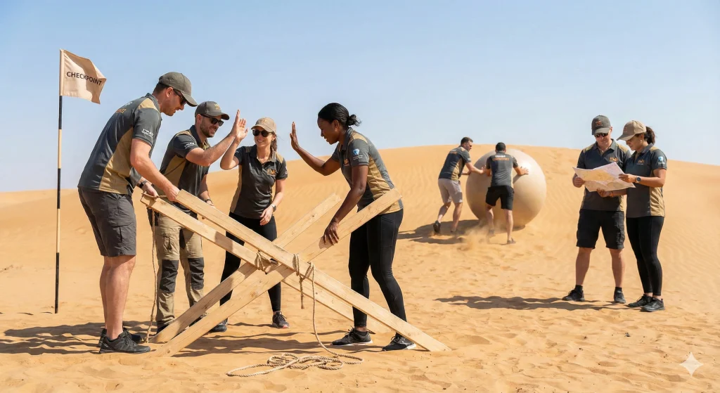 Corporate team working together on desert team-building challenges in the Dubai dunes.