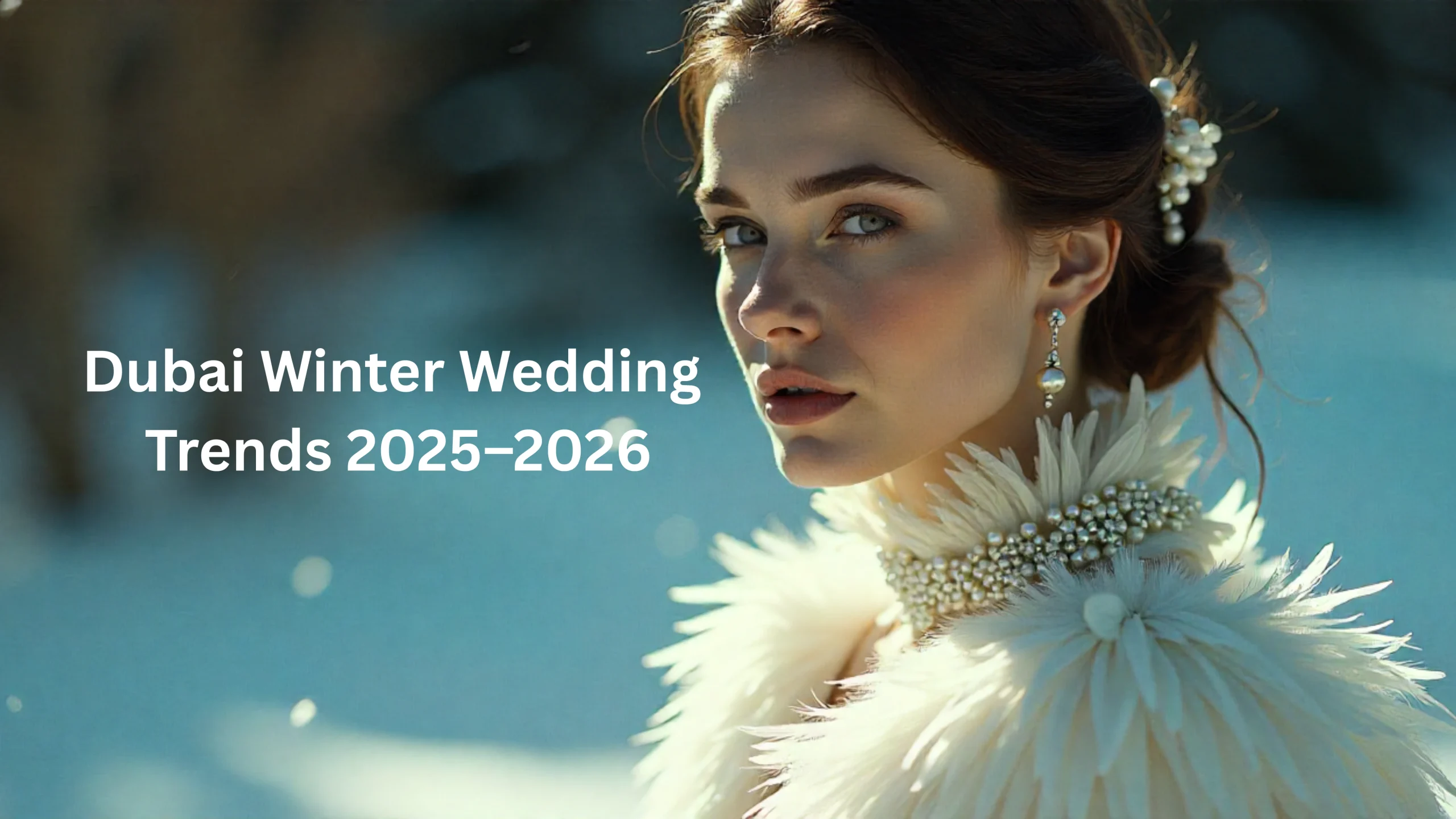 Modern winter bridal look with a fitted gown and delicate crystal beading.