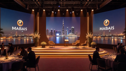 Corporate event in Dubai with business professionals networking against the city skyline.