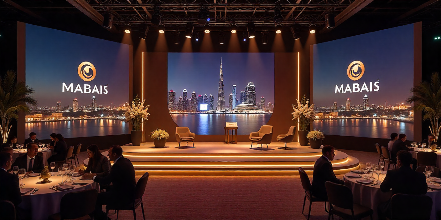 Corporate event in Dubai with business professionals networking against the city skyline.