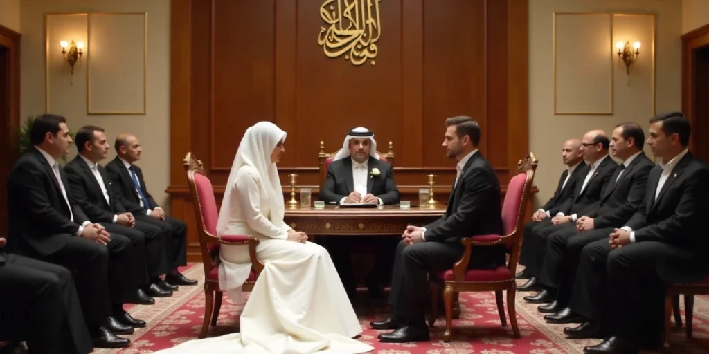 Muslim couple marrying at Dubai Sharia Court with witnesses present