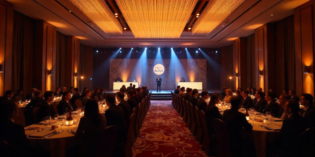 Corporate gala dinner in Dubai celebrating brand success in a luxury setting.