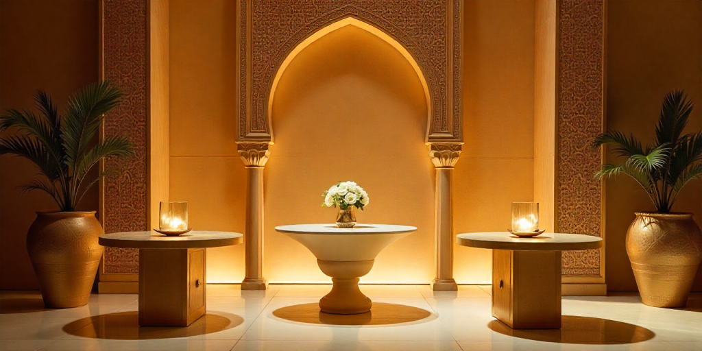 Modern Arabian Glam wedding décor with gold accents and geometric patterns.