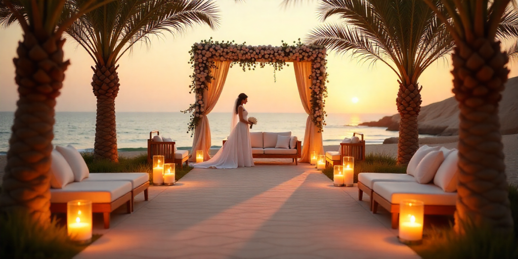 Dubai outdoor winter wedding with candle pathways and floral arches