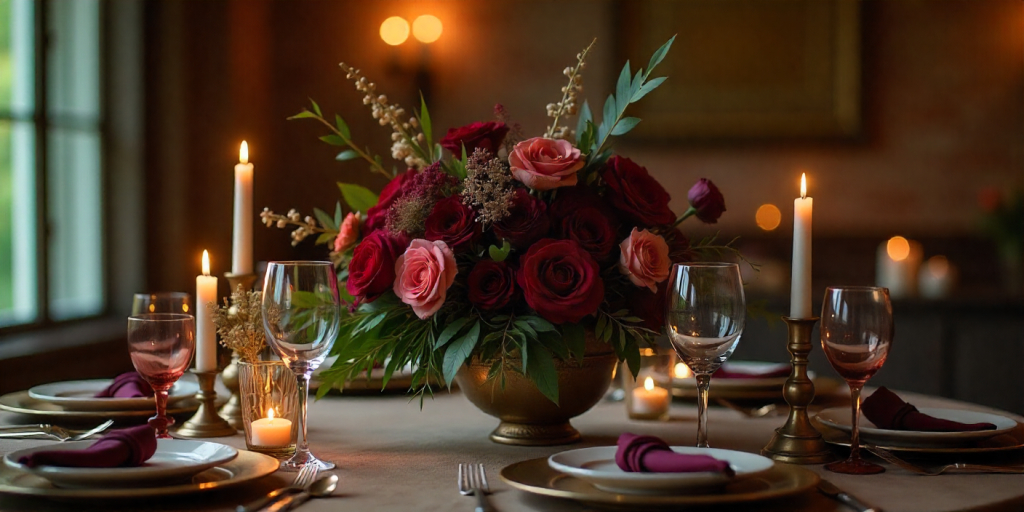 Deep winter floral arrangements in burgundy and emerald tones.