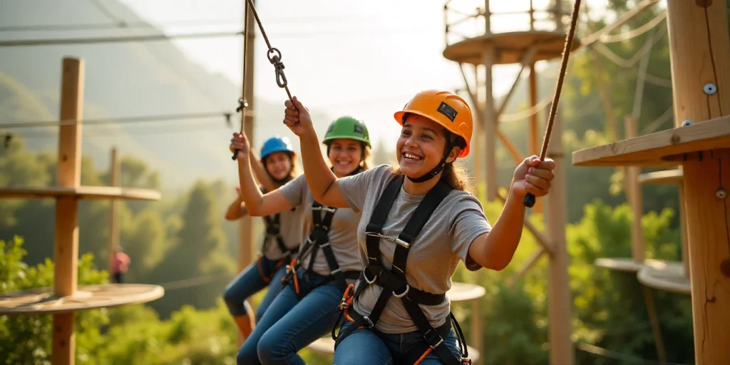 Employees participating in high-energy team-building challenges at a Dubai adventure park.