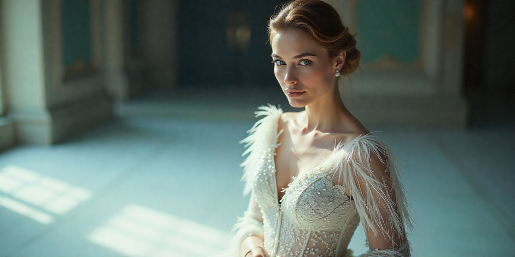 Winter bridal gown with crystal embellishments and long sleeves.