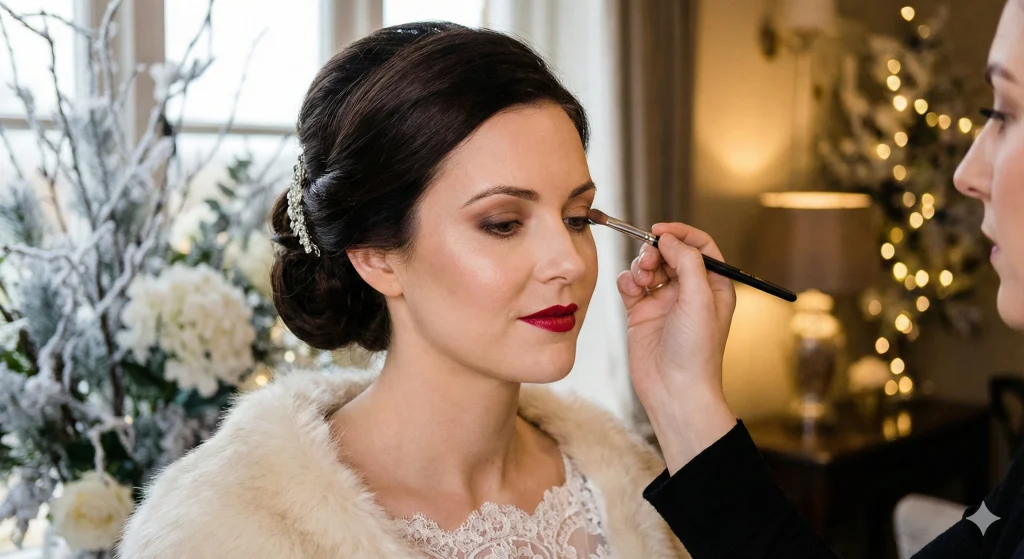 Close-up of bride with Winter Wedding Makeup showing glowing skin, smokey eyes, and elegant hairstyle