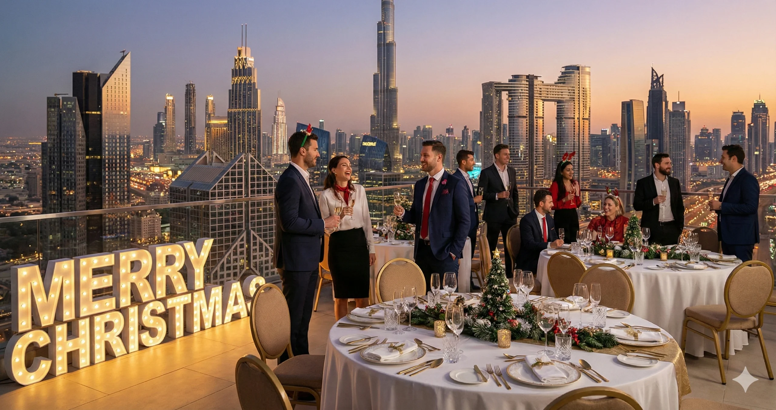 Winter Wonderland Christmas corporate party in Dubai desert with snow-effect décor, fairy lights, and employees celebrating