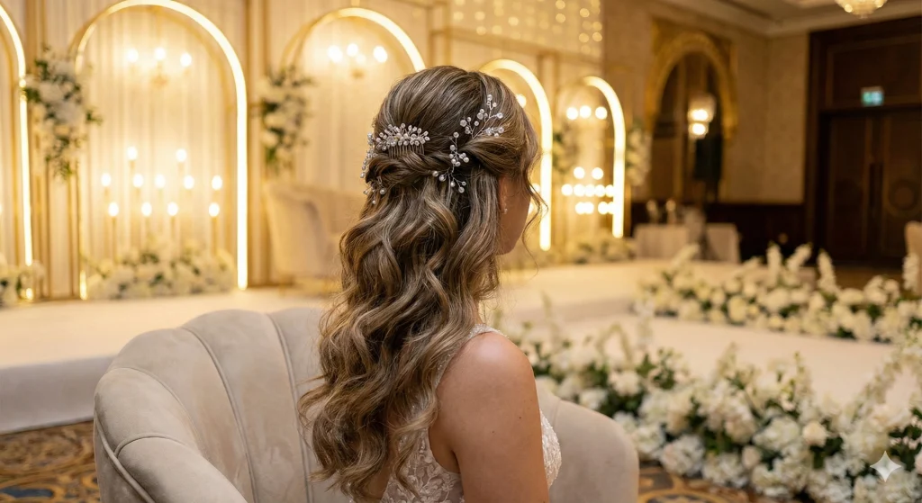 Bridal hairstyle inspiration with loose waves and jeweled hair accessories for a winter wedding in Dubai