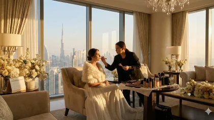 Bride getting Winter Wedding Makeup in a luxury Dubai wedding venue with floral décor and skyline view