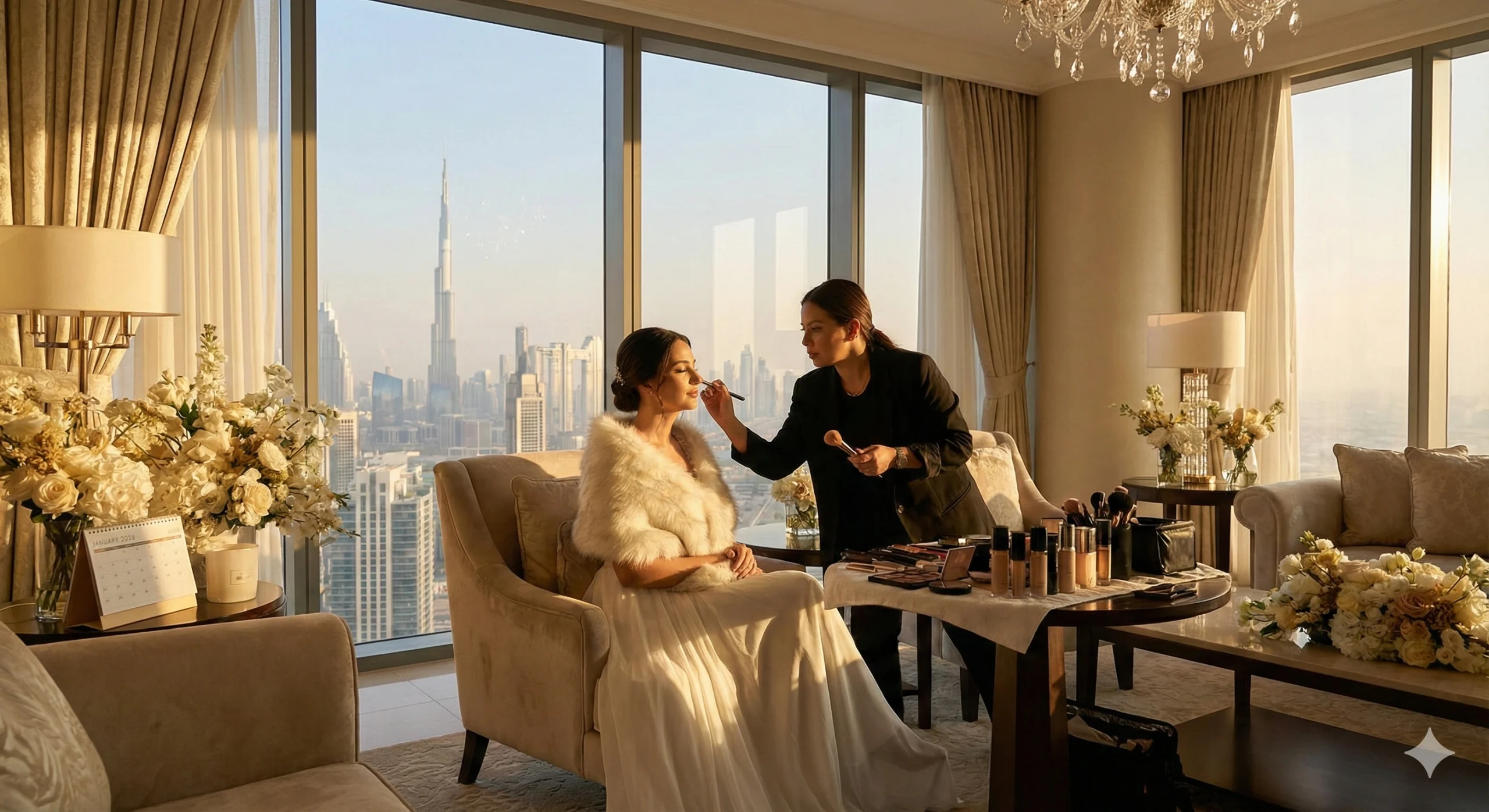 Bride getting Winter Wedding Makeup in a luxury Dubai wedding venue with floral décor and skyline view